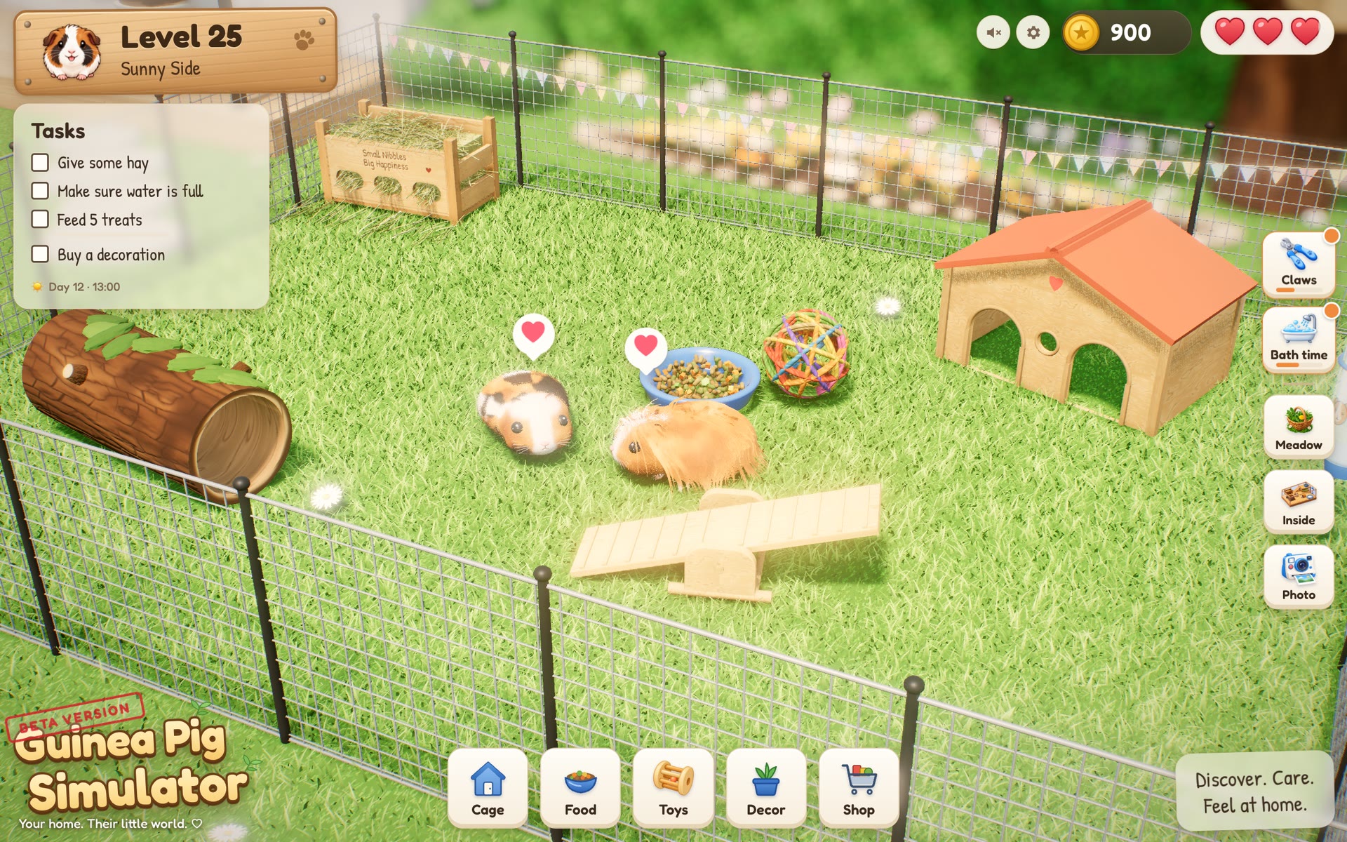 Il gioco in giardino, a destra la barra delle azioni con Unghie, Bagnetto, Dentro e Foto; unghie e bagnetto sono da fare