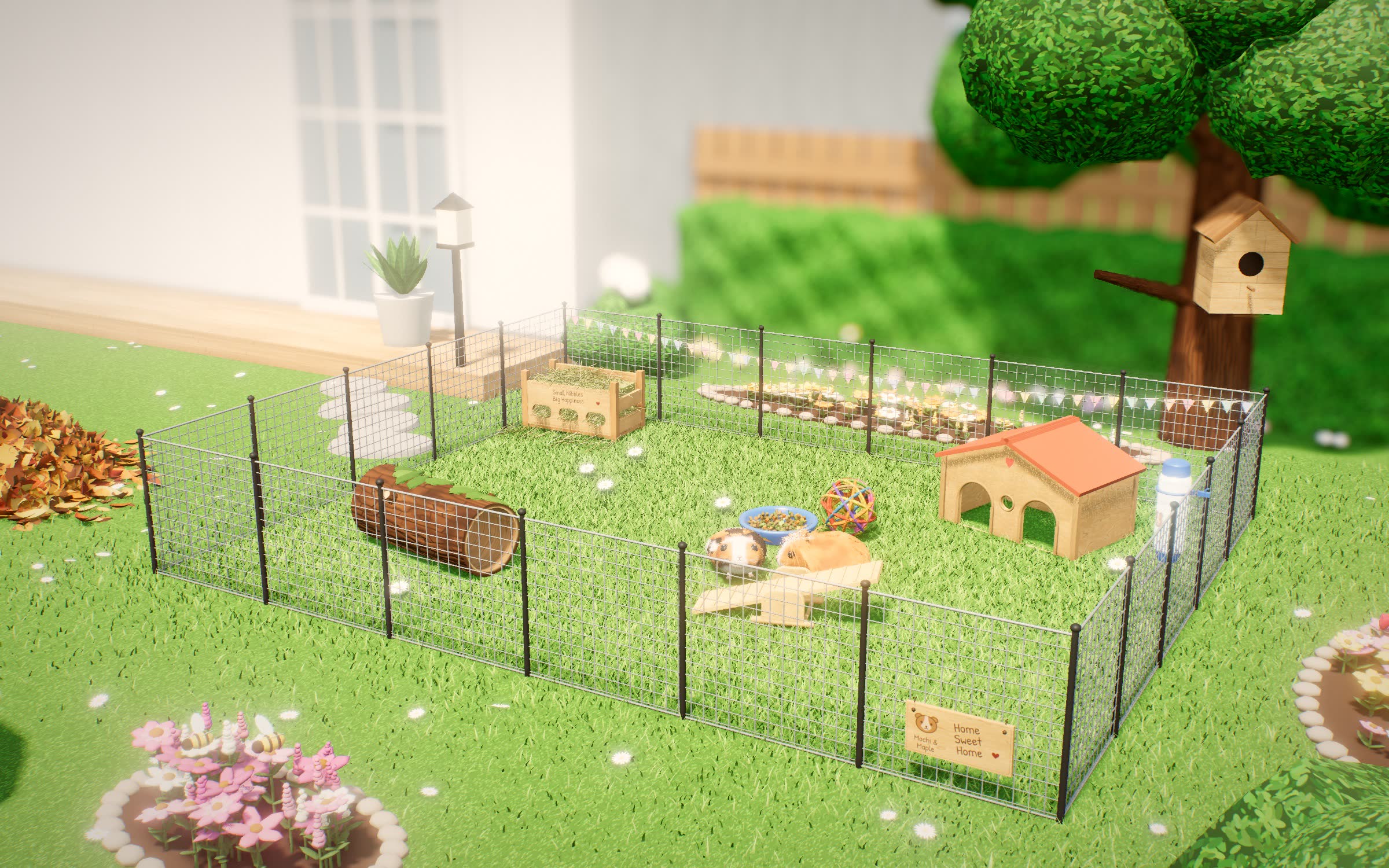 Sonniger Garten mit zwei Meerschweinchen im Freigehege, Holzhaus, Wippe und Blumenbeeten