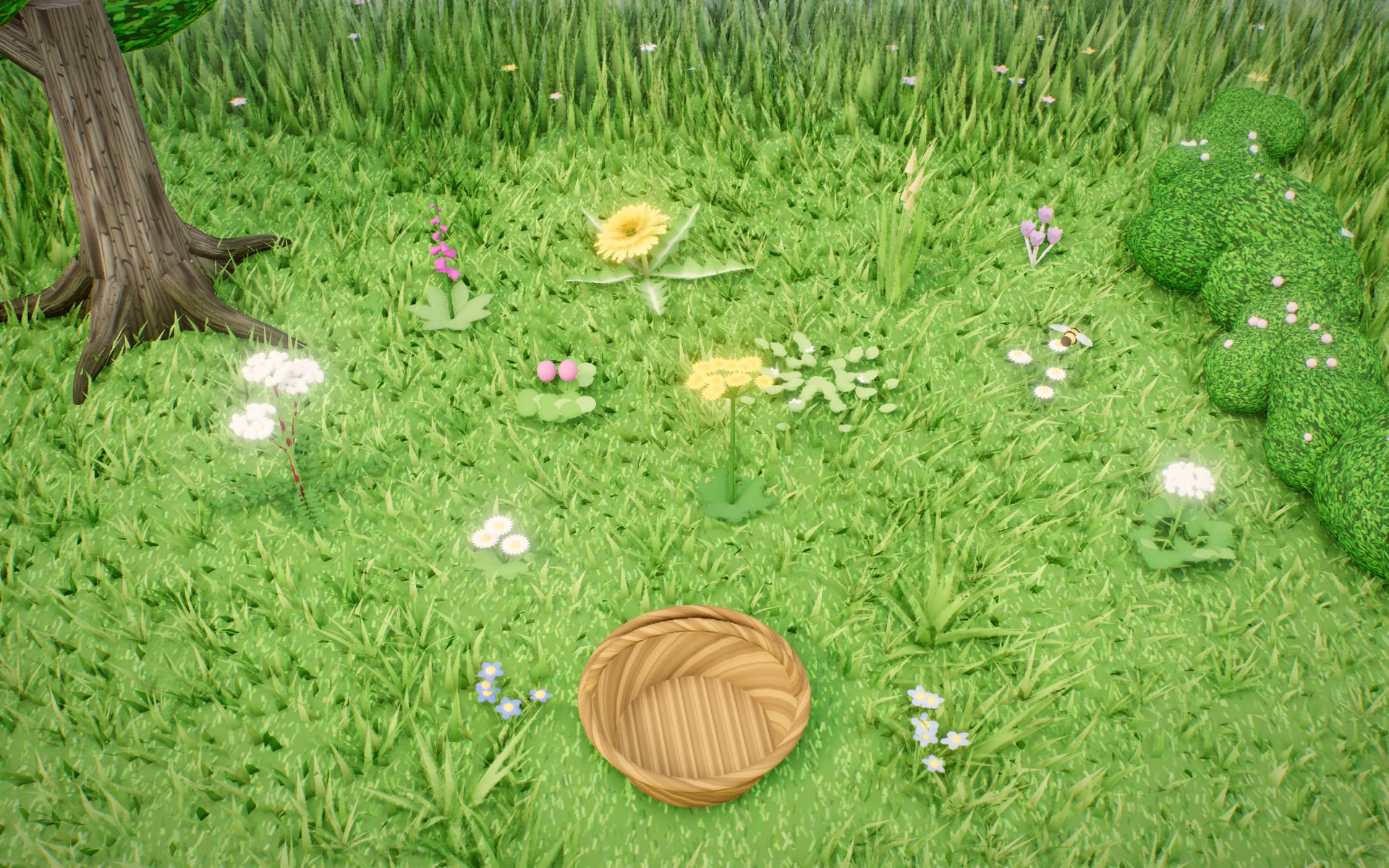 Eine Wiese mit Löwenzahn, Gänseblümchen, Klee und giftigen Pflanzen, vorne ein Korb, links ein Baum